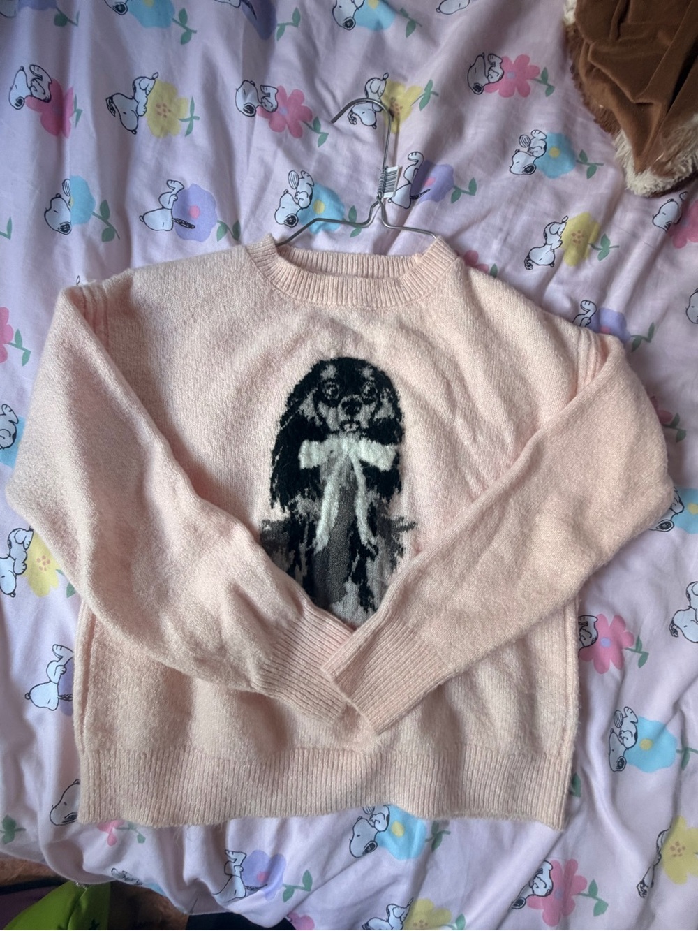 Women's Pink Crewneck Sweater with Dog Graphic